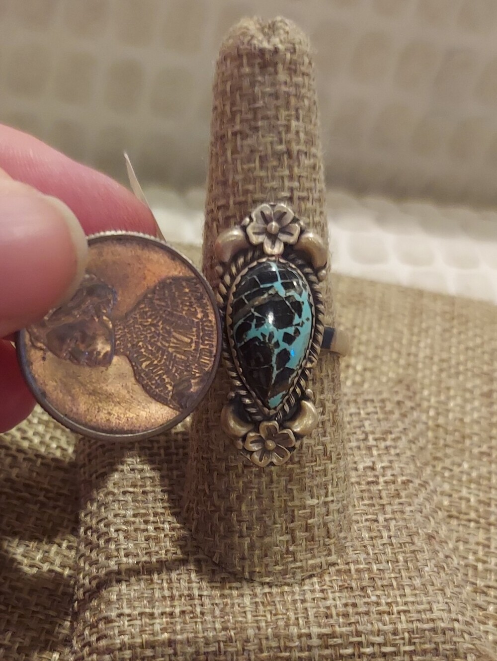 New Brushed Sterling Silver & Blackjack Turquoise Adjustable Ring - Picture 5 of 13